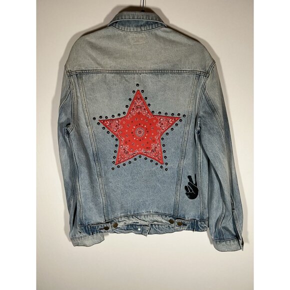 LAUREN MOSHI oversized peace love bandana stars studded jean jacket L designer - Picture 2 of 9
